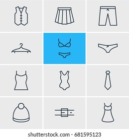 Vector Illustration Of 12 Clothes Icons. Editable Pack Of Singlet, Swimsuit, Cravat And Other Elements.