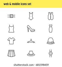 Vector Illustration Of 12 Clothes Icons. Editable Pack Of Hand Clock, Casual, Apparel Elements.
