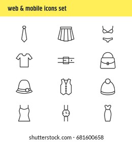 Vector Illustration Of 12 Clothes Icons. Editable Pack Of Hand Clock, Strap, Pompom Elements.