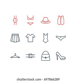 Vector Illustration Of 12 Clothes Icons. Editable Pack Of Sandal, Handbag, Cloakroom Elements.