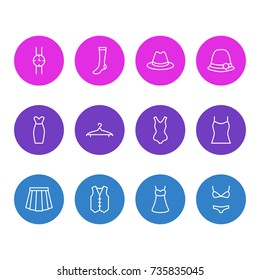 Vector Illustration Of 12 Clothes Icons. Editable Pack Of Swimwear, Singlet, Hand Clock Elements.