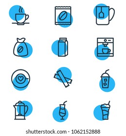 Vector illustration of 12 coffee icons line style. Editable set of saucer, french press, latte and other icon elements.