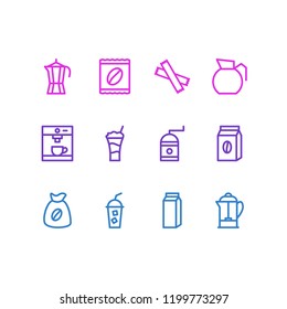 Vector illustration of 12 coffee icons line style. Editable set of cold drink, mocha grinder, sack and other icon elements.