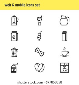 Vector Illustration Of 12 Coffee Icons. Editable Pack Of Decanter, Mocha, Coffeemaker And Other Elements.