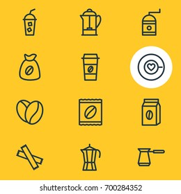 Vector Illustration Of 12 Coffee Icons. Editable Pack Of Package Latte, Coffee To Go, Drink Pot And Other Elements.
