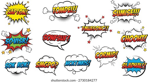 Ilustración vectorial de 12 coloridas burbujas de discurso de estilo cómico y efectos de sonido con Formas dinámicas y texto juguetón