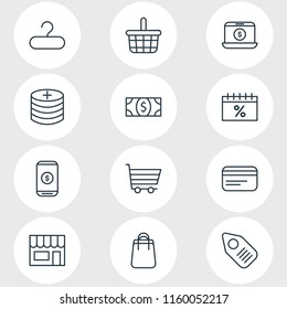 Vector illustration of 12 commerce icons line style. Editable set of hanger, shop, payment and other icon elements.