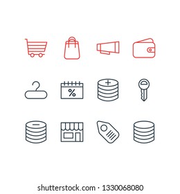 Vector illustration of 12 commerce icons line style. Editable set of sales day, bag, coins and other icon elements.