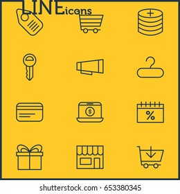 Vector Illustration Of 12 Commerce Icons. Editable Pack Of Market, Box, Clef And Other Elements.