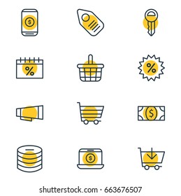 Vector Illustration Of 12 Commerce Icons. Editable Pack Of Box, Tag, Sales And Other Elements.