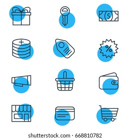Vector Illustration Of 12 Commerce Icons. Editable Pack Of Sales, Present, Tag And Other Elements.