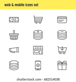 Vector Illustration Of 12 Commerce Icons. Editable Pack Of Minus, Box, Coins And Other Elements.