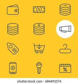 Vector Illustration Of 12 Commerce Icons. Editable Pack Of Rack, Clef, Discount And Other Elements.
