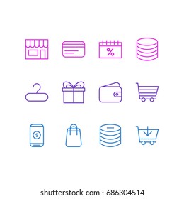 Vector Illustration Of 12 Commerce Icons. Editable Pack Of Present, Pocketbook, Box And Other Elements.