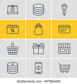 Vector Illustration Of 12 Commerce Icons. Editable Pack Of Present, Clef, Pottle And Other Elements.