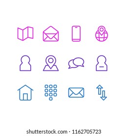 Vector illustration of 12 community icons line style. Editable set of pinpoint, location, buttons and other icon elements.