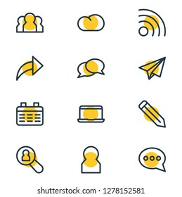 Vector illustration of 12 community icons line style. Editable set of pen, laptop, member and other icon elements.
