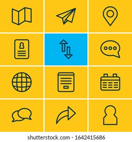 Vector illustration of 12 community icons line style. Editable set of chat, position, contact form and other icon elements.