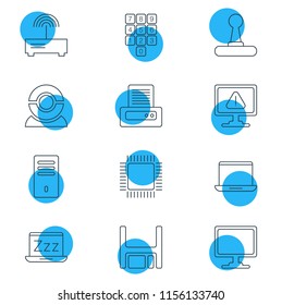Vector illustration of 12 computer icons line style. Editable set of modem, laptop, joystick and other icon elements.