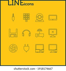 Vector illustration of 12 computer icons line style. Editable set of phone with PC, headphones, offline computer and other icon elements.
