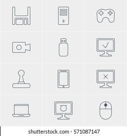 Vector Illustration Of 12 Computer Icons. Editable Pack Of Gamepad, Notebook, Diskette And Other Elements.