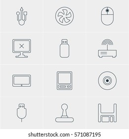 Vector Illustration Of 12 Computer Icons. Editable Pack Of Flash Drive, Router, Game Controller And Other Elements.