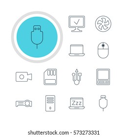 Vector Illustration Of 12 Computer Icons. Editable Pack Of Movie Cam, Usb Icon, Serial Bus And Other Elements.