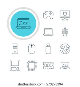 Vector Illustration Of 12 Computer Icons. Editable Pack Of Gamepad, Usb Icon, Flash Drive And Other Elements.