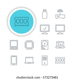 Vector Illustration Of 12 Computer Icons. Editable Pack Of Flash Drive, Smartphone, Notebook And Other Elements.