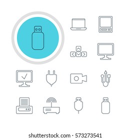 Vector Illustration Of 12 Computer Icons. Editable Pack Of Online Computer, Printer, Serial Bus And Other Elements.
