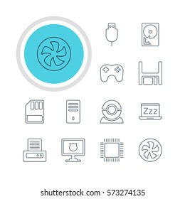 Vector Illustration Of 12 Computer Icons. Editable Pack Of Mainframe, Antivirus, Web Camera And Other Elements.