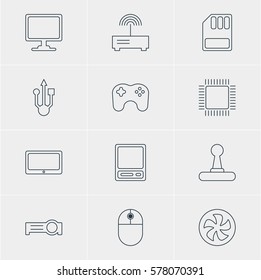 Vector Illustration Of 12 Computer Icons. Editable Pack Of Pda, Router, Tablet And Other Elements.