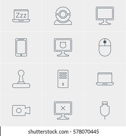 Vector Illustration Of 12 Computer Icons. Editable Pack Of Laptop, Screen, Antivirus And Other Elements.