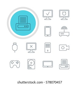 Vector Illustration Of 12 Computer Icons. Editable Pack Of Hard Drive Disk, Access Denied, Tablet And Other Elements.