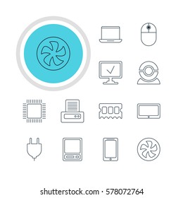 Vector Illustration Of 12 Computer Icons. Editable Pack Of Online Computer, Smartphone, Socket And Other Elements.