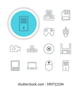 Vector Illustration Of 12 Computer Icons. Editable Pack Of Cursor Manipulator, Objective, Printer And Other Elements.