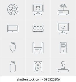 Vector Illustration Of 12 Computer Icons. Editable Pack Of Antivirus, Memory Chip, Game Controller And Other Elements.
