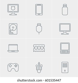 Vector Illustration Of 12 Computer Icons. Editable Pack Of Usb Icon, Hard Drive Disk, Antivirus And Other Elements.