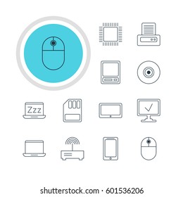 Vector Illustration Of 12 Computer Icons. Editable Pack Of Online Computer, Notebook, Objective And Other Elements.