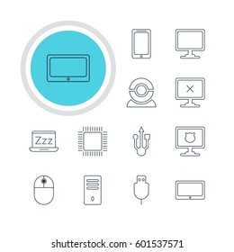 Vector Illustration Of 12 Computer Icons. Editable Pack Of Serial Bus, Antivirus, Web Camera And Other Elements.