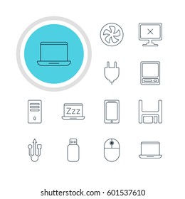 Vector Illustration Of 12 Computer Icons. Editable Pack Of Usb Icon, Flash Drive, Access Denied And Other Elements.