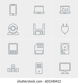 Vector Illustration Of 12 Computer Icons. Editable Pack Of Pda, Hard Drive Disk, Notebook And Other Elements.