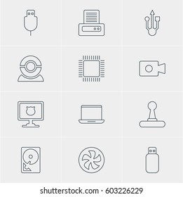 Vector Illustration Of 12 Computer Icons. Editable Pack Of Hard Drive Disk, Antivirus, Cooler And Other Elements.