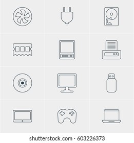 Vector Illustration Of 12 Computer Icons. Editable Pack Of Socket, Hard Drive Disk, Gamepad And Other Elements.