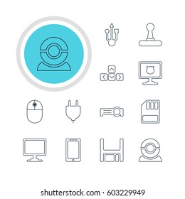Vector Illustration Of 12 Computer Icons. Editable Pack Of Presentation, Cursor Manipulator, Antivirus And Other Elements.