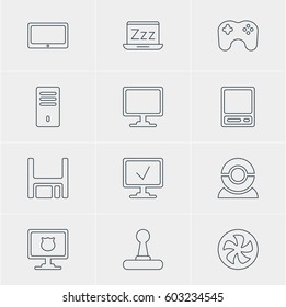 Vector Illustration Of 12 Computer Icons. Editable Pack Of Pda, Game Controller, Antivirus And Other Elements.