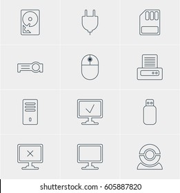 Vector Illustration Of 12 Computer Icons. Editable Pack Of Printer, Web Camera, Storage And Other Elements.