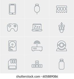 Vector Illustration Of 12 Computer Icons. Editable Pack Of Smartphone, Web Camera, Serial Bus And Other Elements.