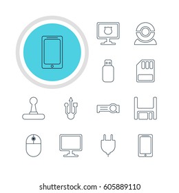 Vector Illustration Of 12 Computer Icons. Editable Pack Of Flash Drive, Smartphone, Web Camera And Other Elements.