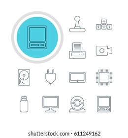 Vector Illustration Of 12 Computer Icons. Editable Pack Of Tablet, Flash Drive, Movie Cam And Other Elements.